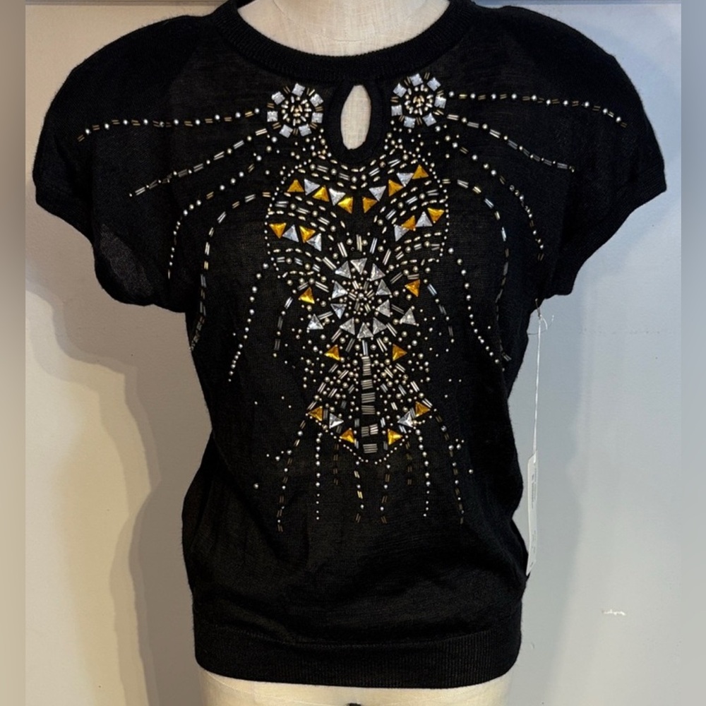 Deadstock Vintage Embellished NWT Black Short Sleeve Bejewelled Knit Sweater